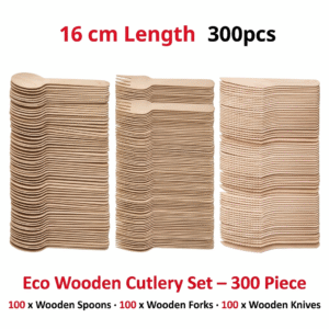 Eco Wooden Cutlery Set 300 Piece Disposable Forks, Knives, Spoons 100 Of Each
