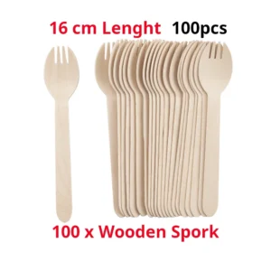 Eco-Friendly Wooden Spork 100 Pack – Biodegradable Disposable Cutlery, Plastic-Free & Compostable Party Spork